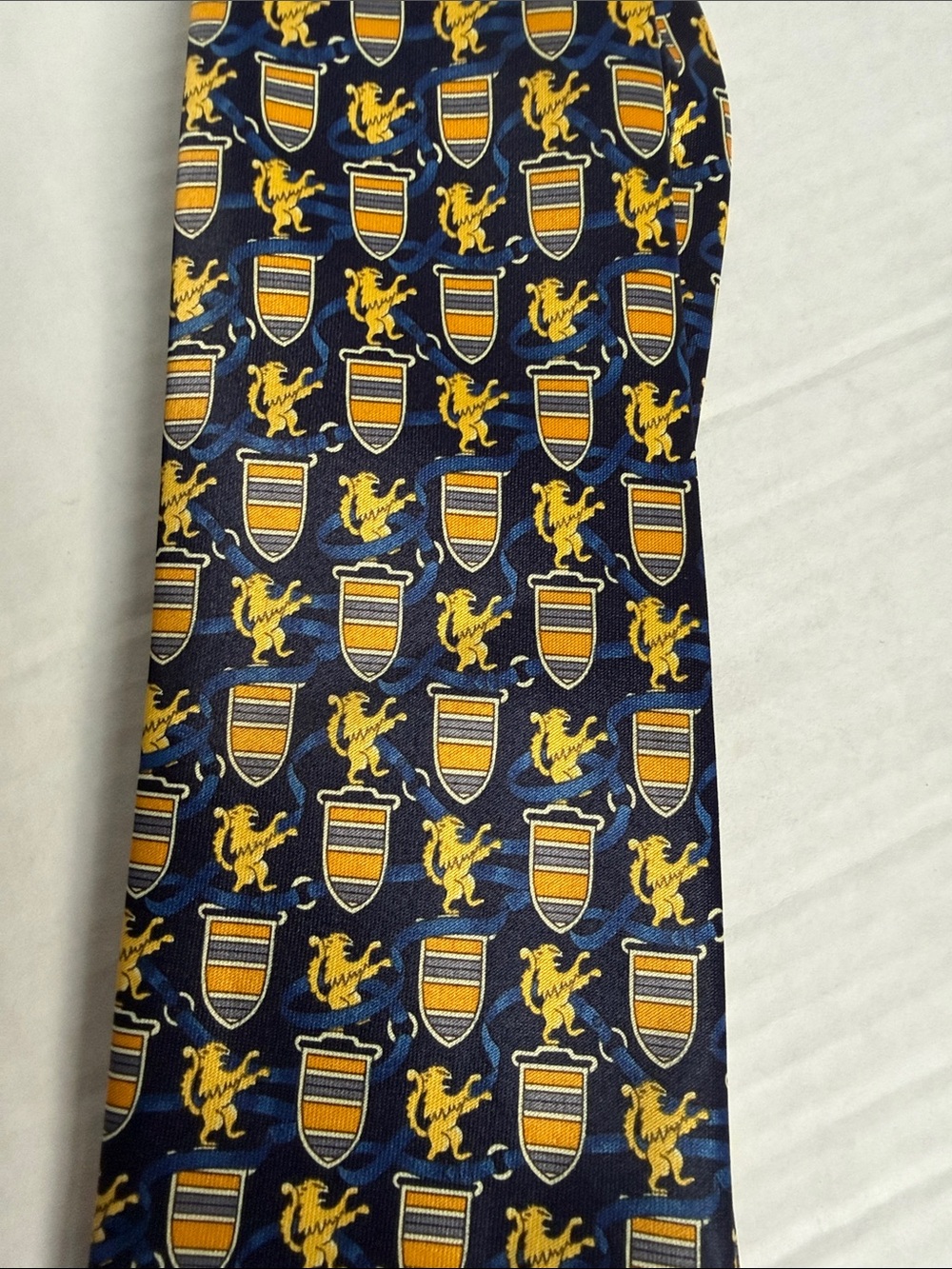 Navy and Gold Crest-Print Men's Tie